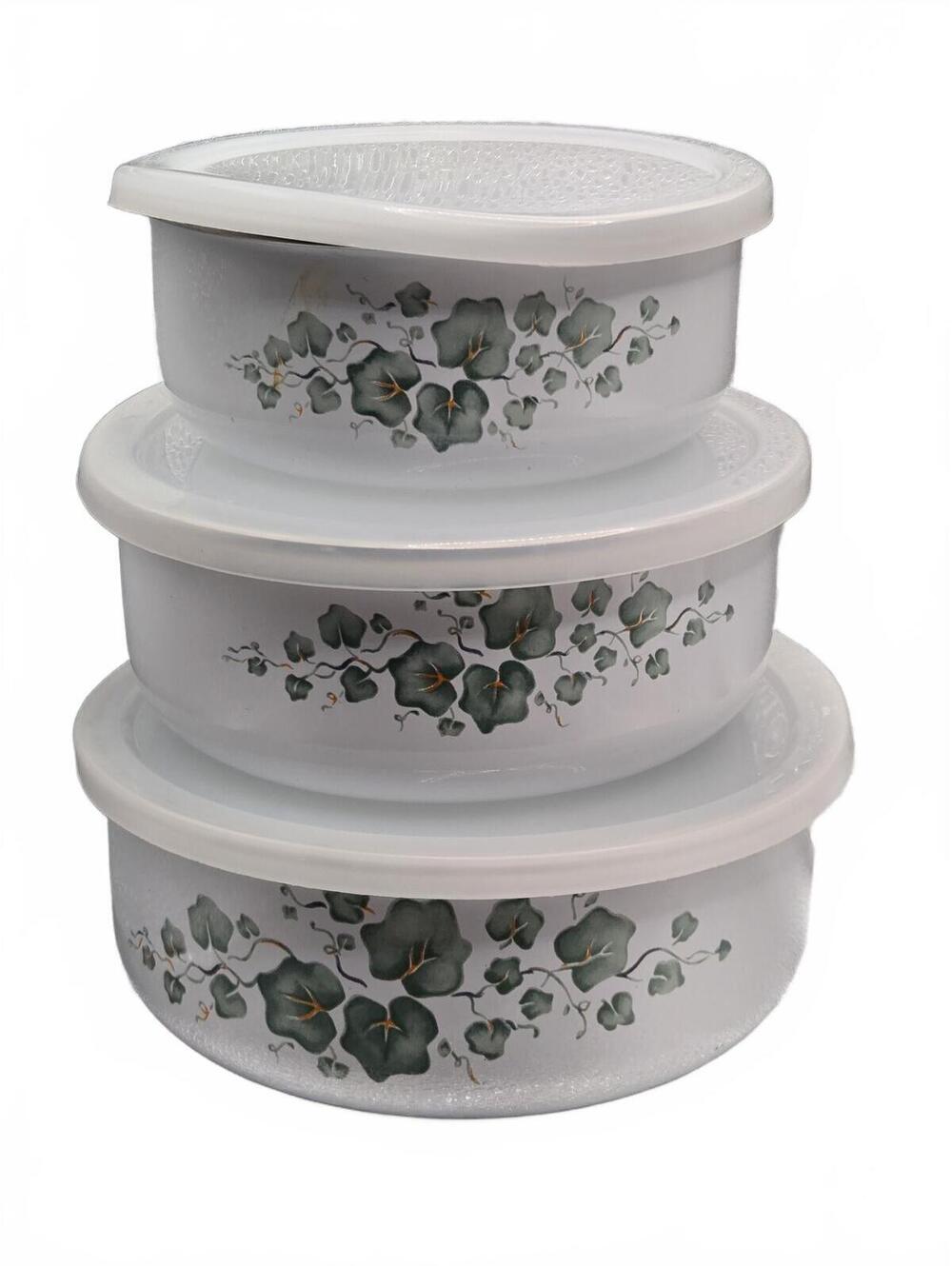 Corelle Callaway Green Ivy Metal Enamelware Nesting Bowls Vitg trio Lincoware